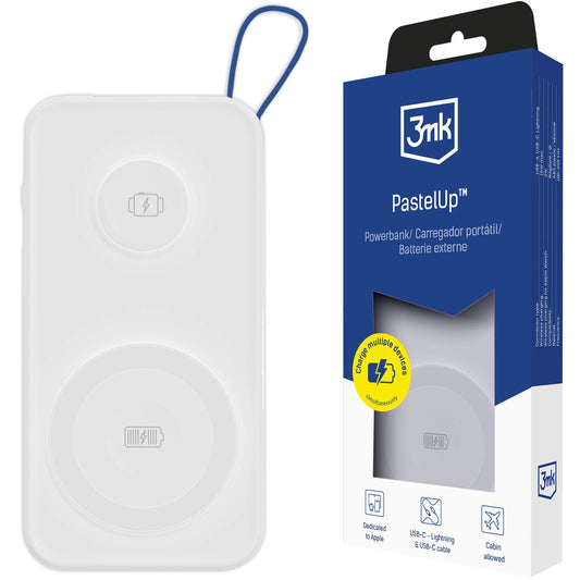 Batería Externa Inalámbrica 3MK PastelUp, 10000mAh, 22.5W, QC + PD + FQI, 1 x USB-A - 1 x USB-C - 2 x QI, Blanca