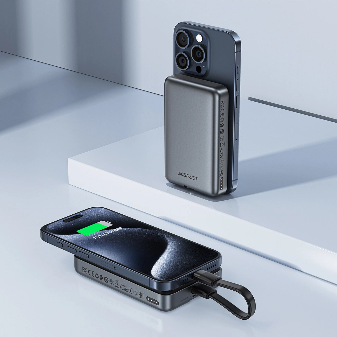Batería Externa Inalámbrica Acefast M10, 10000mAh, 30W, PD + FQI, 1 x QI - 2 x USB-C, Negra