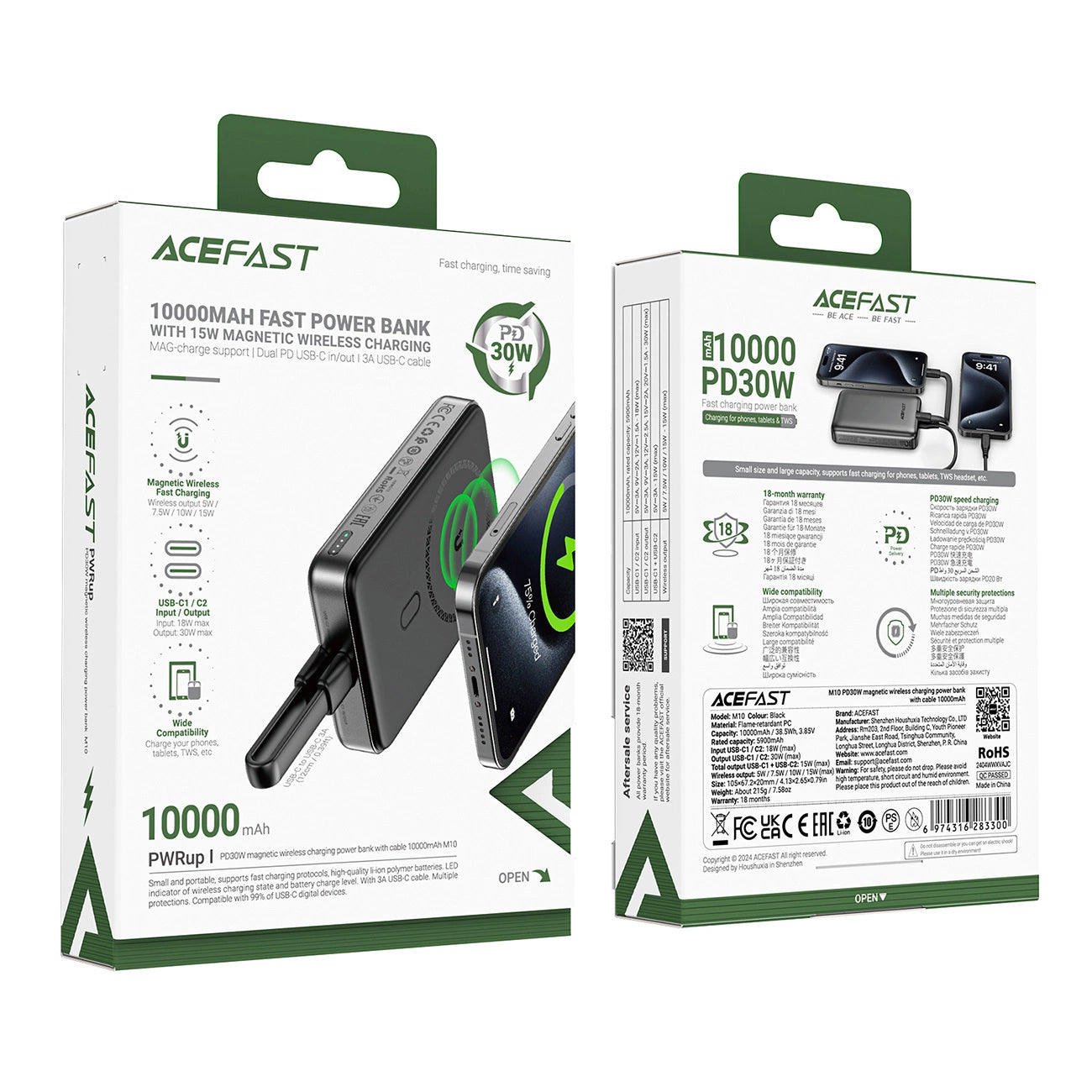 Batería Externa Inalámbrica Acefast M10, 10000mAh, 30W, PD + FQI, 1 x QI - 2 x USB-C, Negra
