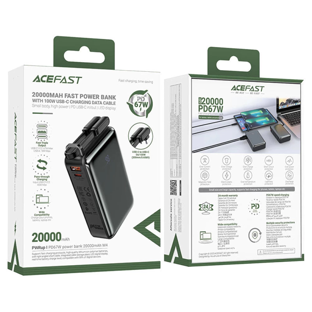 Batería Externa Acefast M4, 20000mAh, 67W, PD, 1 x USB-A - 2 x USB-C, Negra