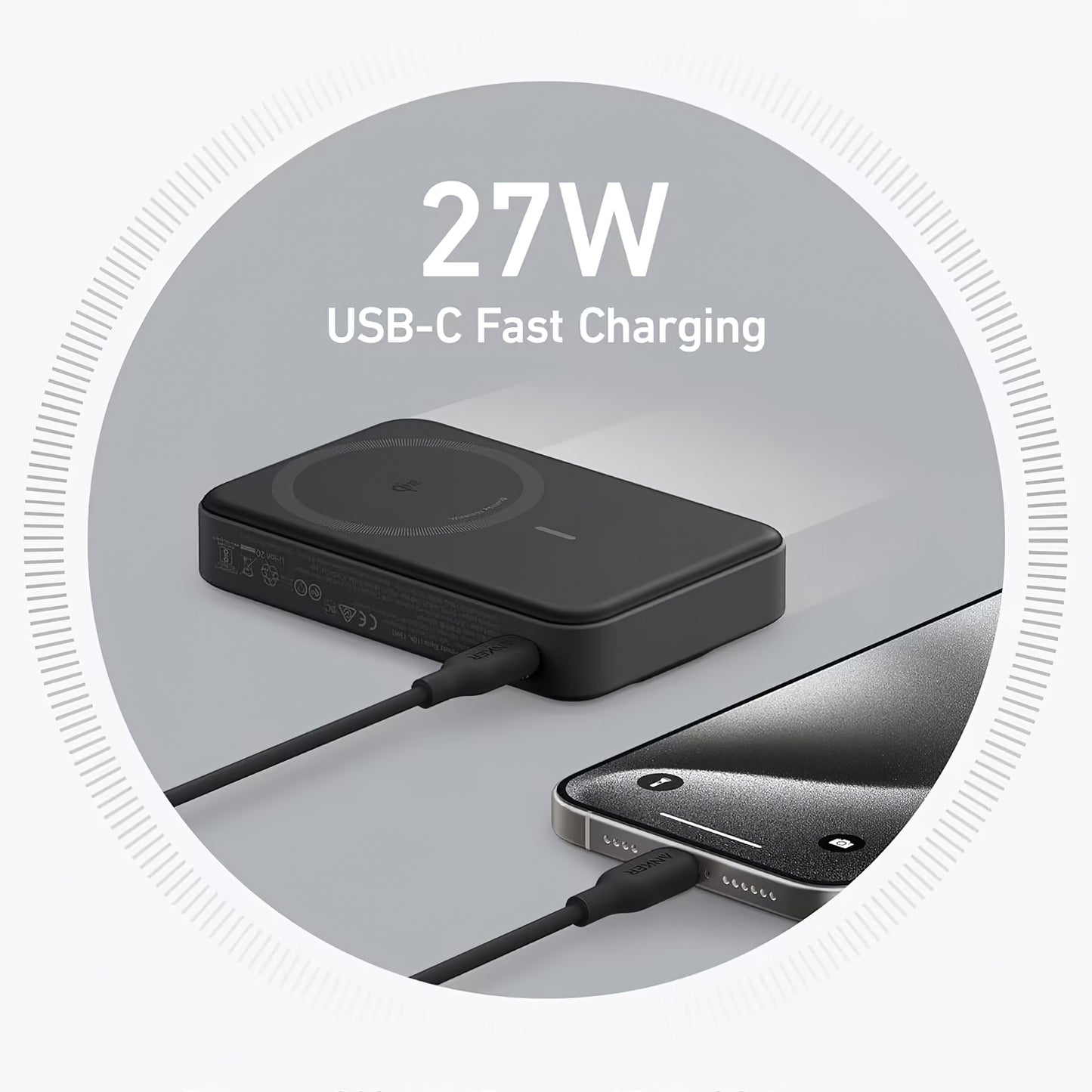 Batería externa inalámbrica Anker MagGo, 10000mAh, 27W, PD + FQI, 1 x QI - 1 x USB-C, Negro A1654G11 