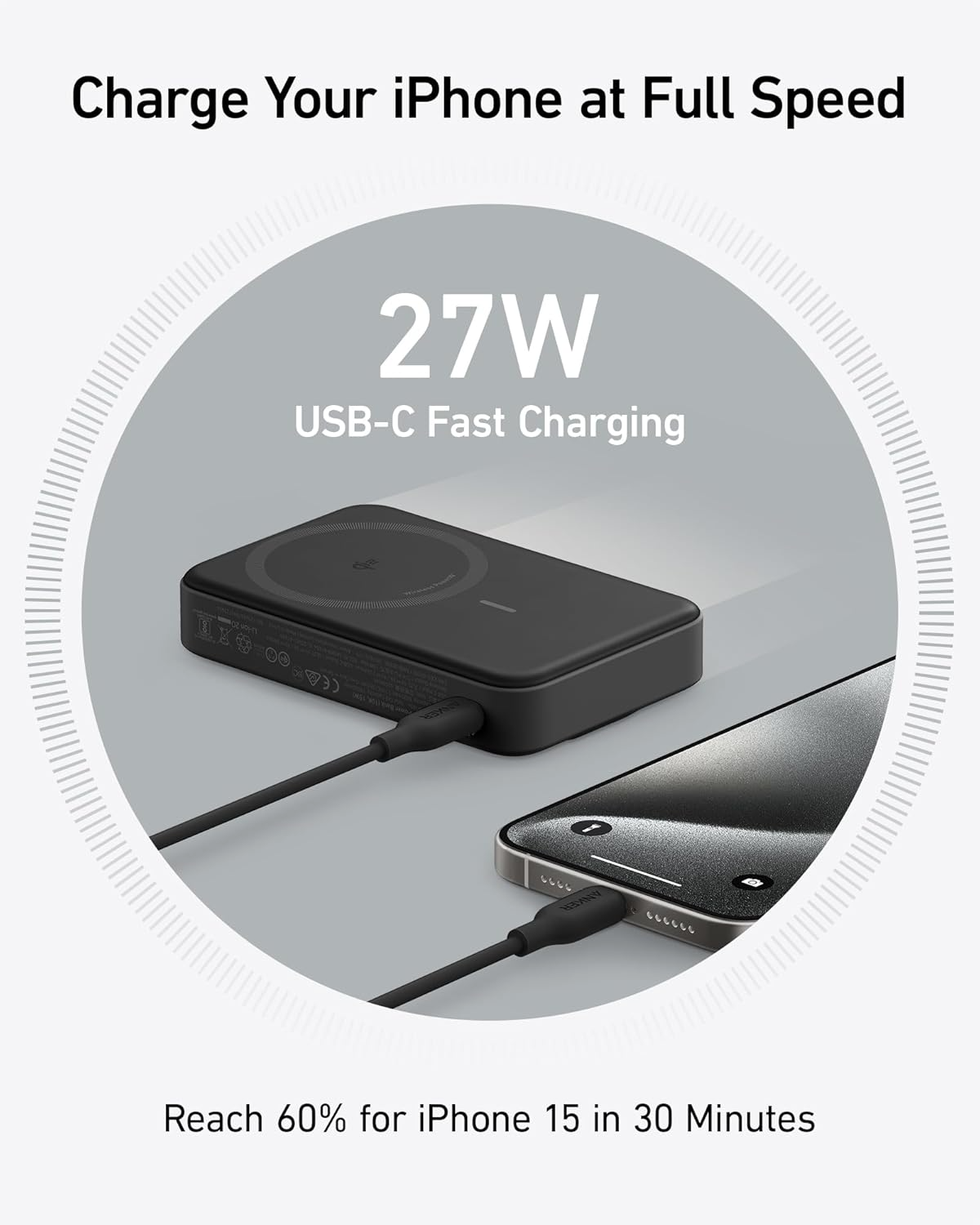 Batería Externa Inalámbrica Anker MagGo, 10000mAh, 27W, PD + FQI, 1 x QI - 1 x USB-C, Negra A1654011