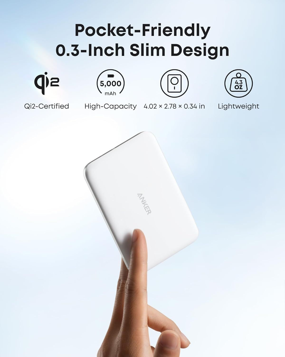 Batería Externa Inalámbrica Anker Nano, 5000mAh, 20W, PD + FQI, 1 x QI - 1 x USB-C, Blanca A1665H21