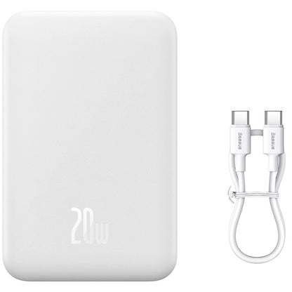 Mini batería externa inalámbrica Baseus Magnetic, 20000mAh, 20W, PD + FQI, 1 x QI - 1 x USB-C, Blanco PPCX150002 