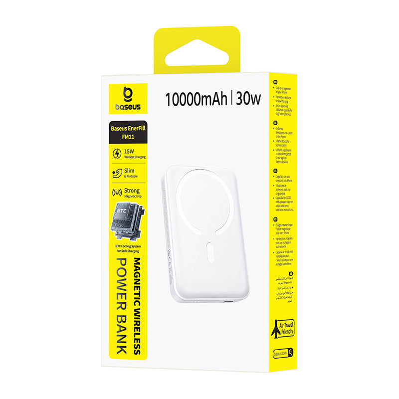 Batería Externa Inalámbrica Baseus EnerFill FM11, 10000mAh, 30W, PD + FQI, 1 x QI - 1 x USB-C, Blanca