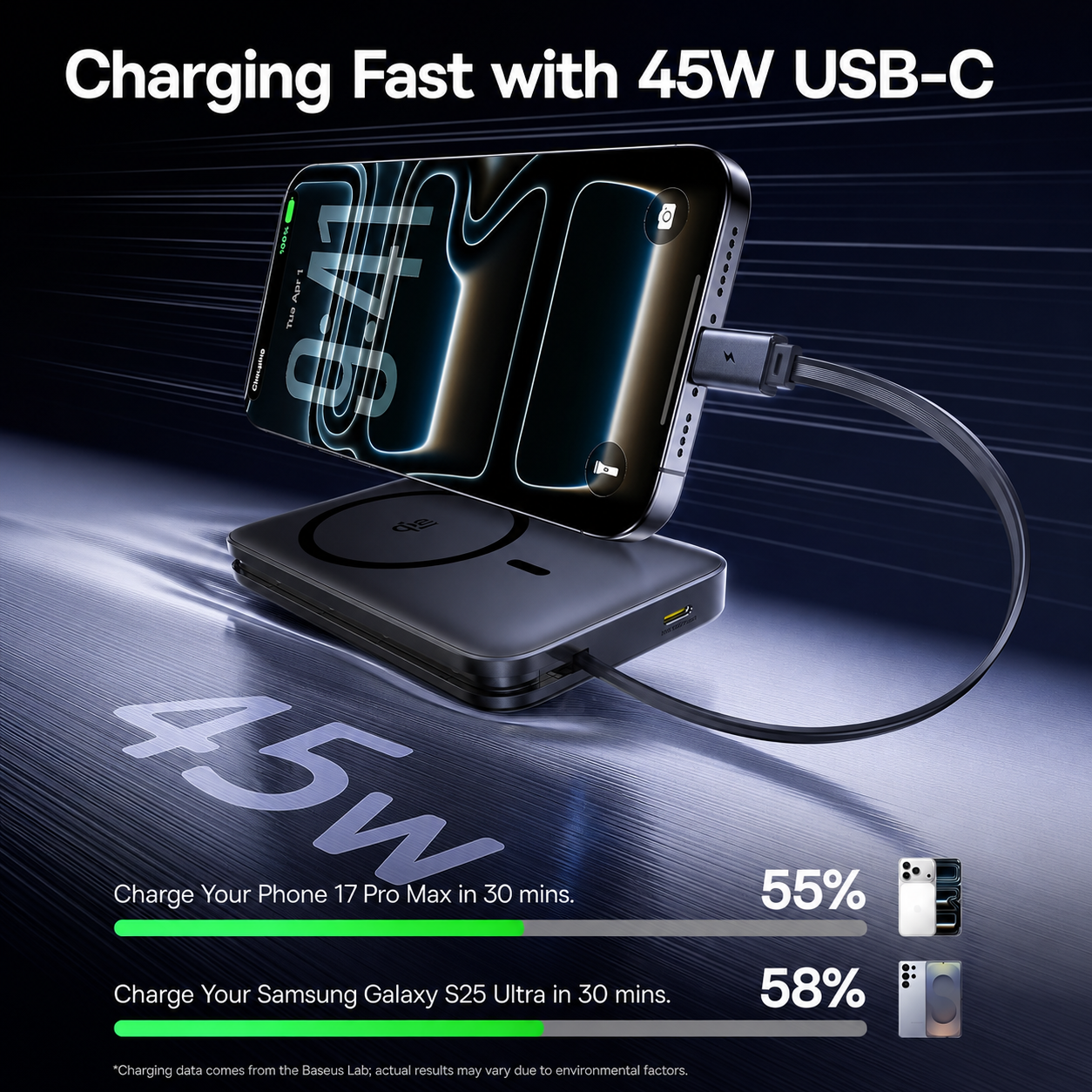 Batería Externa Inalámbrica Baseus PicoGo AM61, 10000mAh, 45W, PD + FQI, 1 x QI - 2 x USB-C, Negra E0028V00
