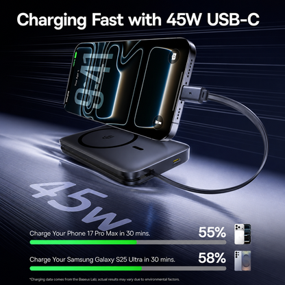 Batería Externa Inalámbrica Baseus PicoGo AM61, 10000mAh, 45W, PD + FQI, 1 x QI - 2 x USB-C, Negra E0028V00