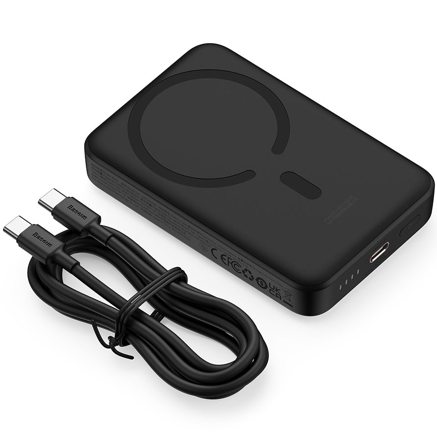 Mini batería externa inalámbrica Baseus Magnetic, 10000mAh, 30W, PD + FQI, 1 x QI - 1 x USB-C, Negro PPCX110201 