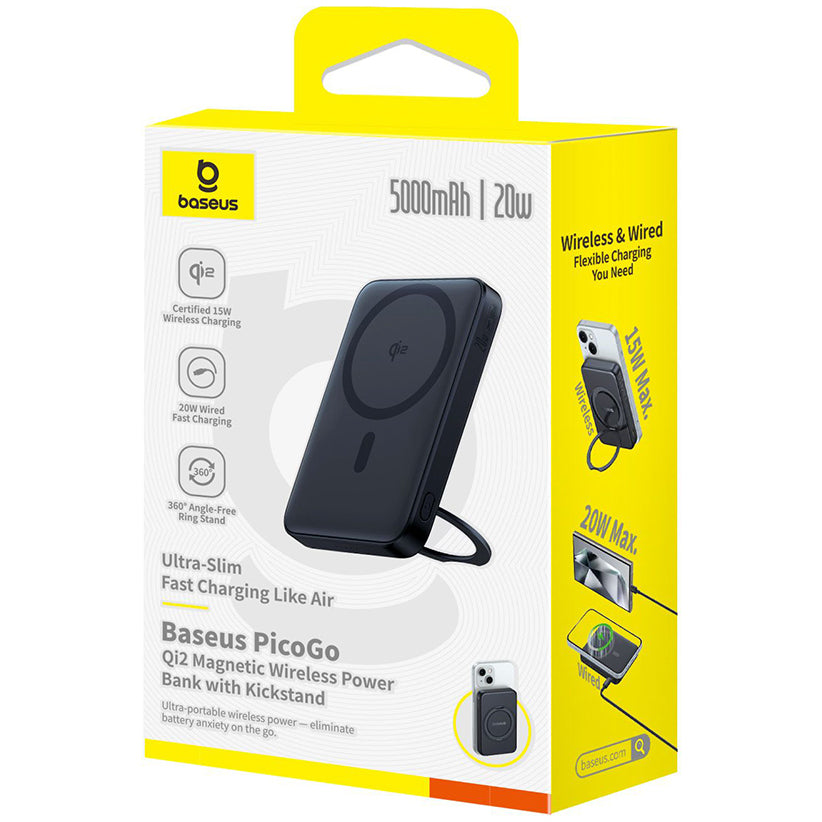 Batería Externa Inalámbrica Baseus PicoGo, 5000mAh, 20W, PD + FQI, 1 x QI - 1 x USB-C, Negra P10076802123-00