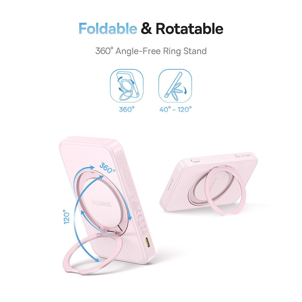 Batería Externa Inalámbrica Baseus PicoGo, 5000mAh, 20W, PD + FQI, 1 x QI - 1 x USB-C, Rosa P10076800413-00