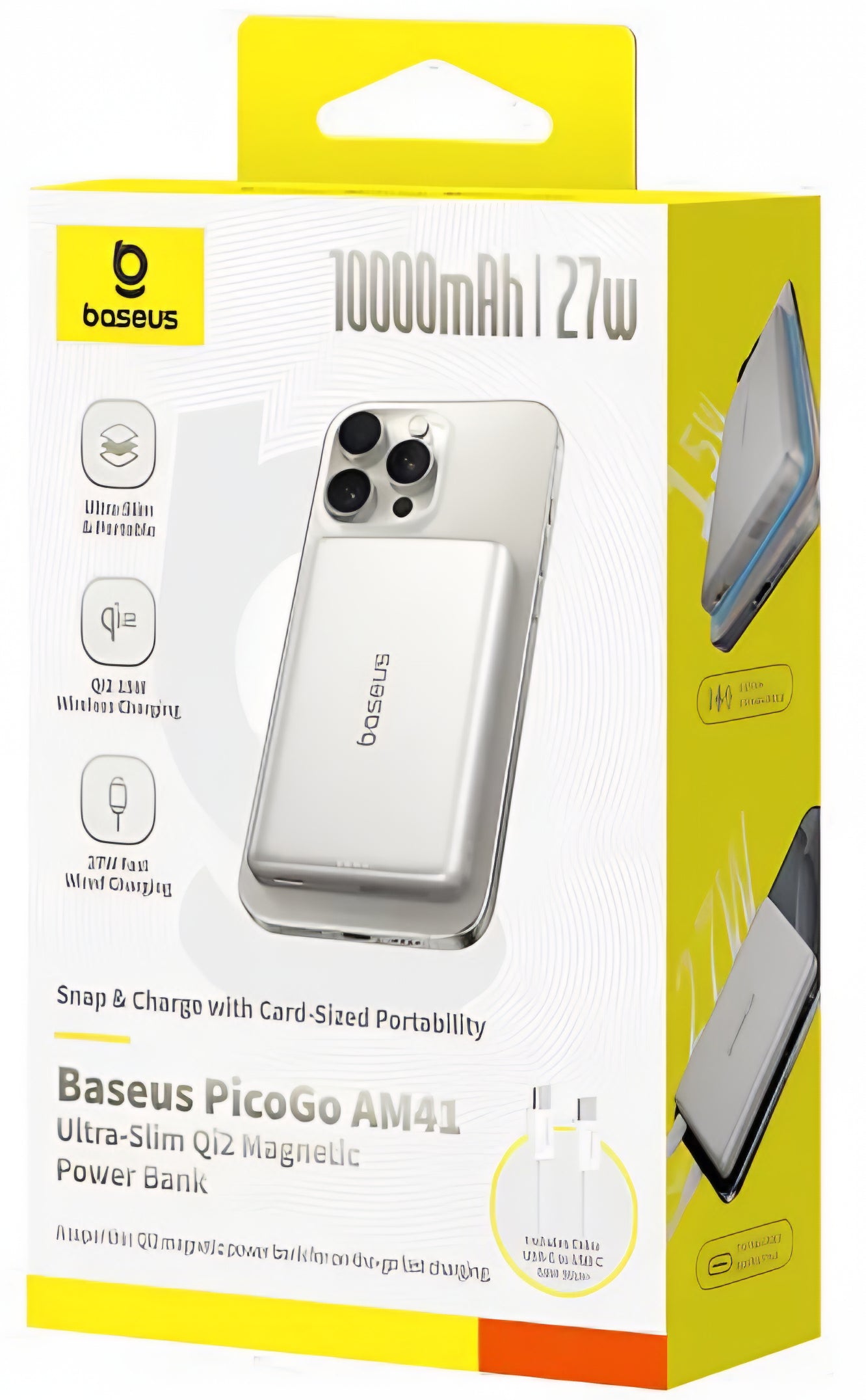 Batería Externa Inalámbrica Baseus PicoGo AM41, 10000mAh, 27W, PD + FQI, 1 x QI - 1 x USB-C, Beige E0027203
