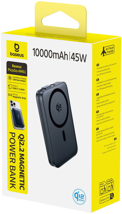 Batería Externa Inalámbrica Baseus PicoGo AM61, 10000mAh, 45W, PD + FQI, 1 x QI - 2 x USB-C, Negra E0028V00