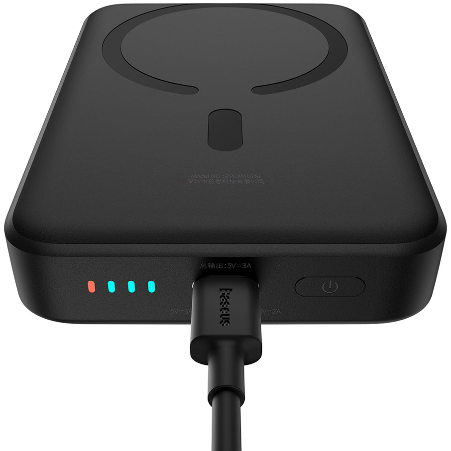 Mini batería externa inalámbrica Baseus Magnetic, 10000mAh, 30W, PD + FQI, 1 x QI - 1 x USB-C, Negro PPCX110201 