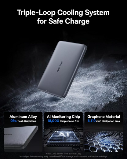 Batería Externa Inalámbrica Baseus PicoGo AM41, 10000mAh, 27W, PD + FQI, 1 x QI - 1 x USB-C, Gris E0027200