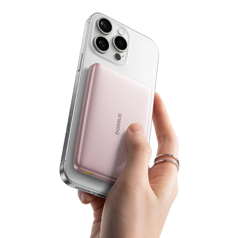 Batería Externa Inalámbrica Baseus PicoGo AM41, 10000mAh, 27W, PD + FQI, 1 x QI - 1 x USB-C, Rosa E0027202