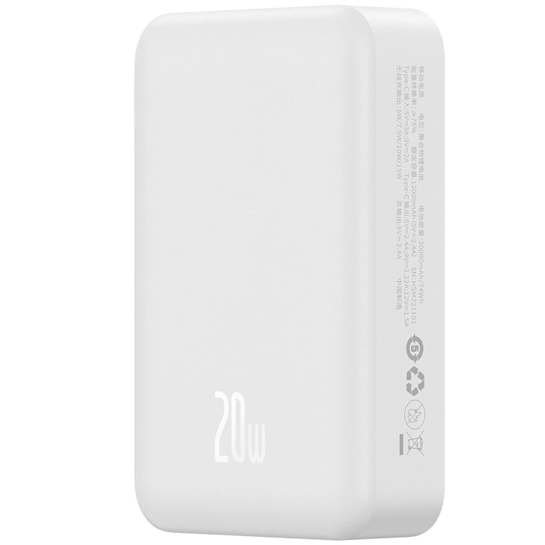 Mini batería externa inalámbrica Baseus Magnetic, 20000mAh, 20W, PD + FQI, 1 x QI - 1 x USB-C, Blanco PPCX150002 