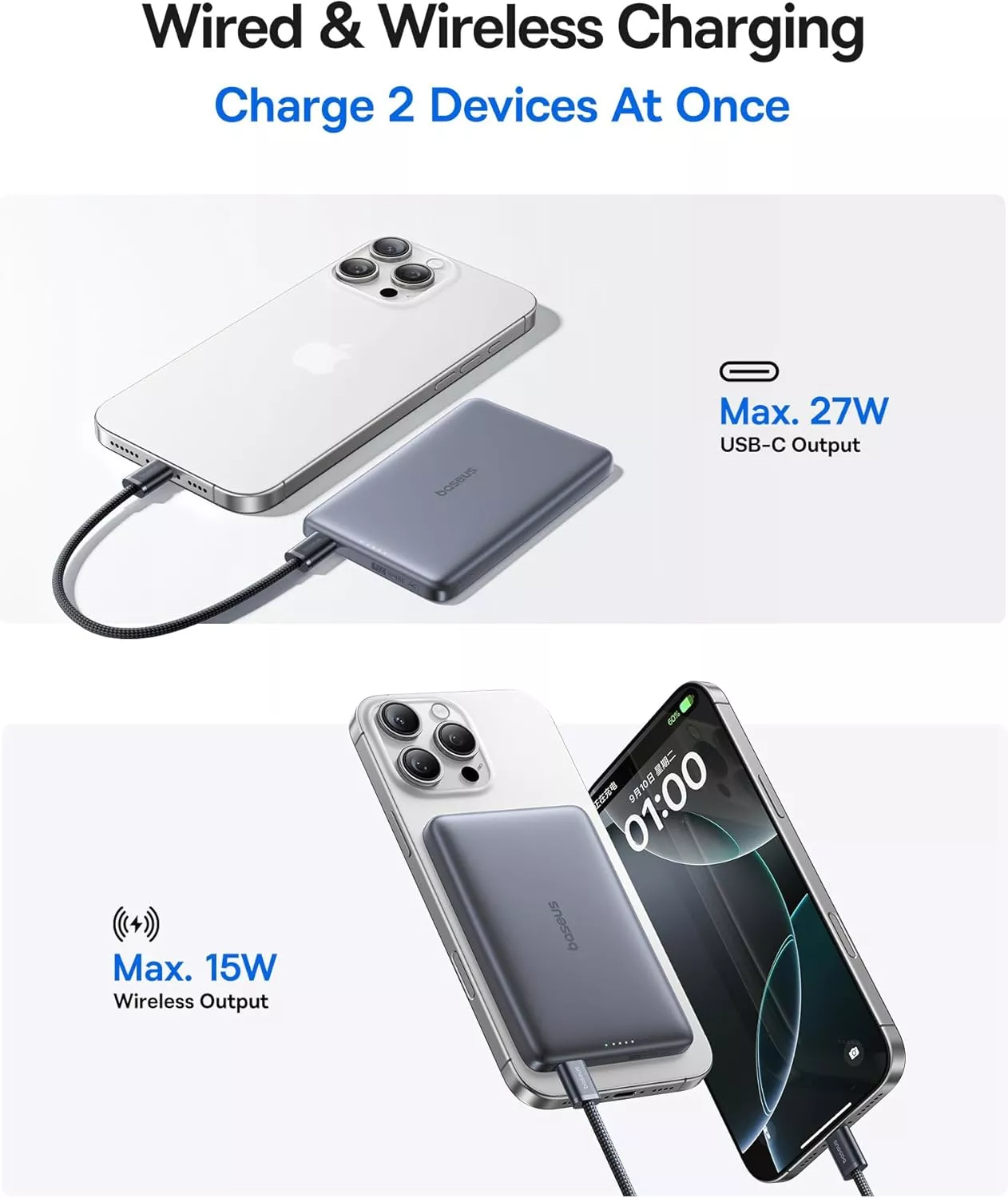 Batería Externa Inalámbrica Baseus PicoGo AM41, 10000mAh, 27W, PD + FQI, 1 x QI - 1 x USB-C, Gris E0027200