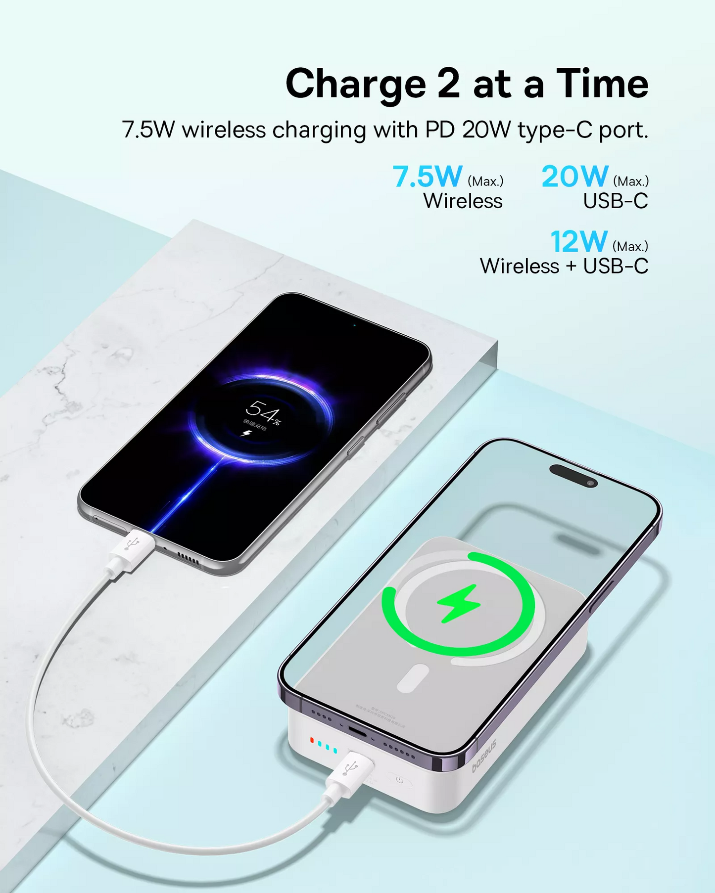 Batería Externa Inalámbrica Baseus EnerFill FM41 Mini, 20000mAh, 20W, PD + FQI, 1 x QI - 1 x USB-C, Blanca E0027U01