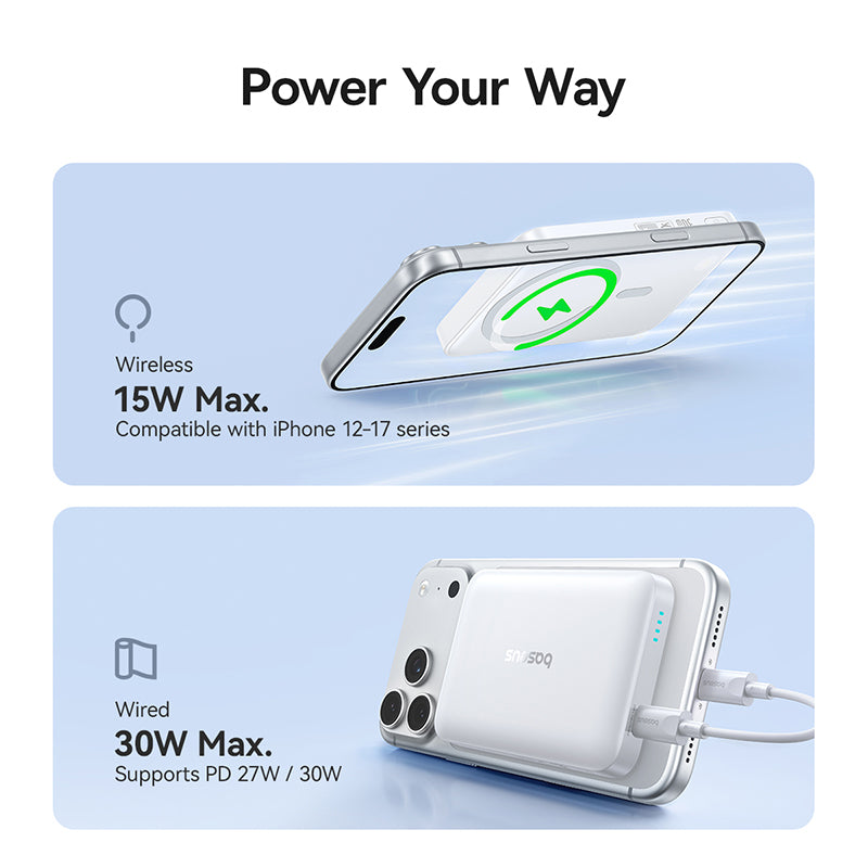 Batería Externa Inalámbrica Baseus EnerFill FM11, 10000mAh, 30W, PD + FQI, 1 x QI - 1 x USB-C, Blanca