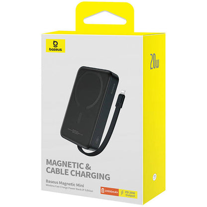 Mini batería externa inalámbrica Baseus Magnetic, 10000mAh, 20W, PD + FQI, 1 x Lightning - 1 x QI - 1 x USB-C, Negro P10022109113113-00