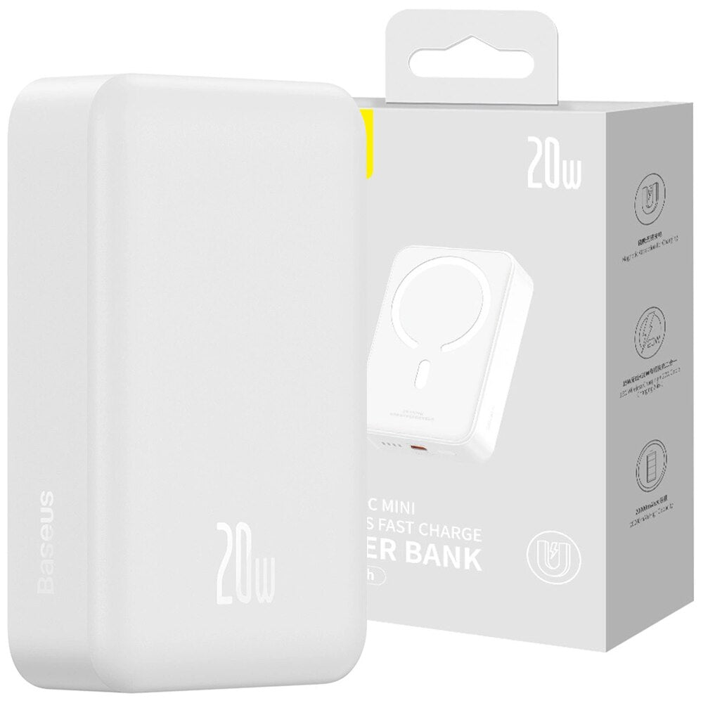 Mini batería externa inalámbrica Baseus Magnetic, 20000mAh, 20W, PD + FQI, 1 x QI - 1 x USB-C, Blanco PPCX150002 