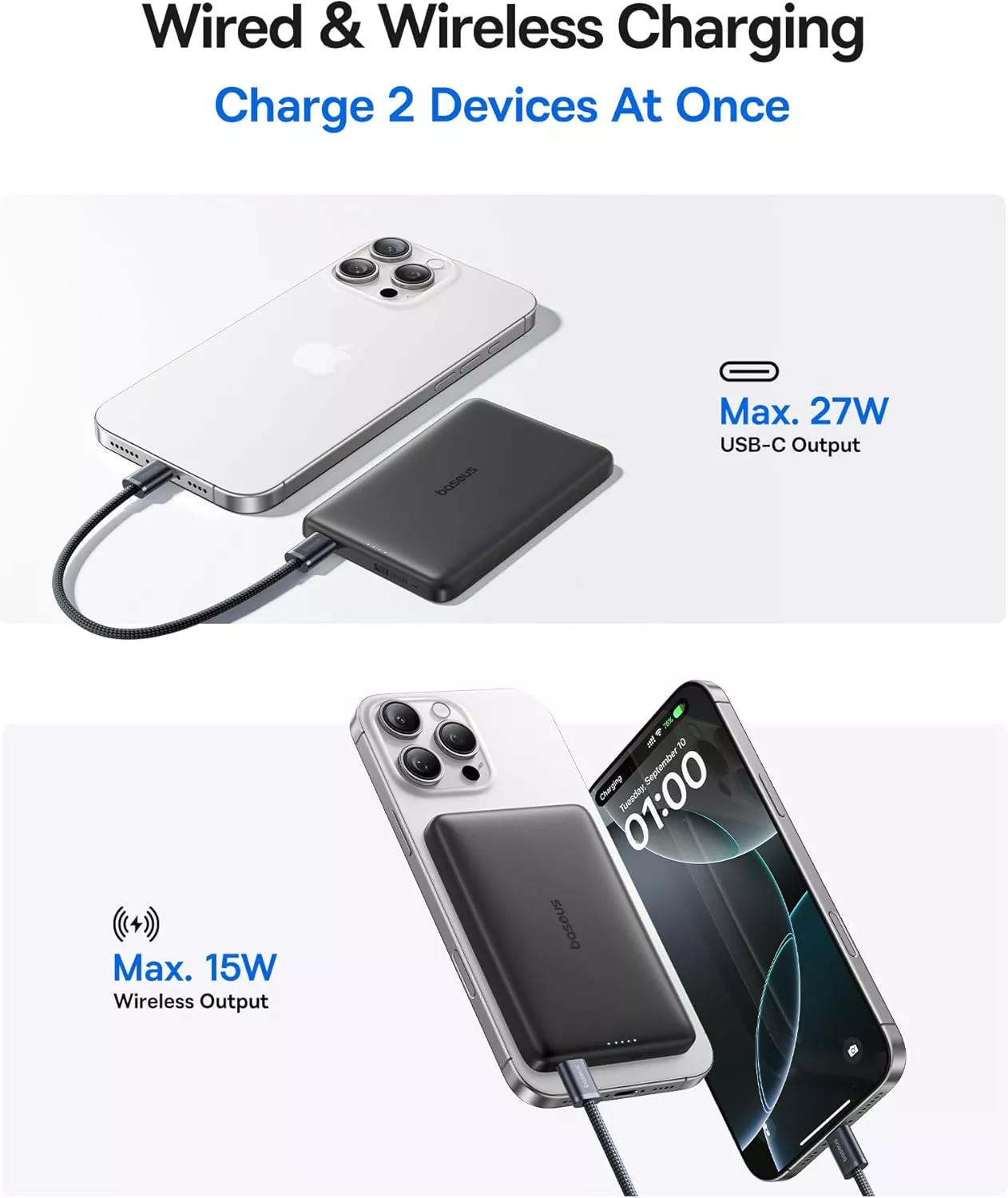 Batería Externa Inalámbrica Baseus PicoGo AM41, 10000mAh, 27W, PD + FQI, 1 x QI - 1 x USB-C, Negra E0027201