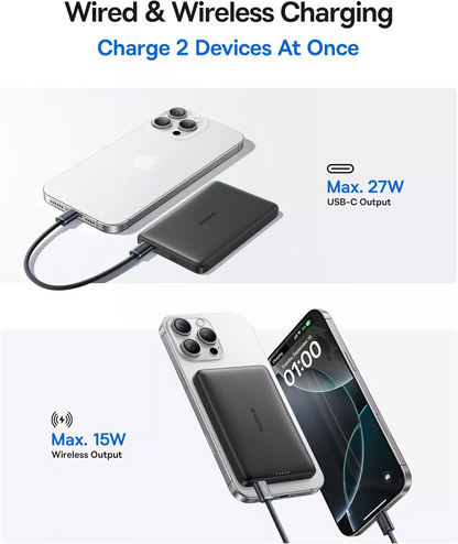 Batería Externa Inalámbrica Baseus PicoGo AM41, 10000mAh, 27W, PD + FQI, 1 x QI - 1 x USB-C, Negra E0027201