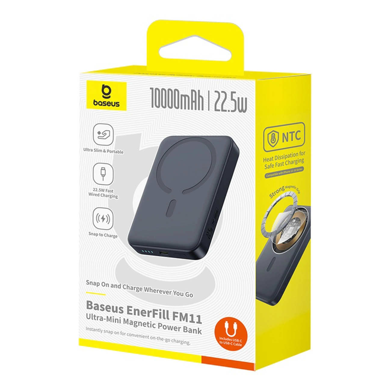 Batería Externa Inalámbrica Baseus EnerFill FM11 Ultra-Mini, 10000mAh, 22.5W, PD + FQI, 1 x QI - 1 x USB-C, Negra P1008210E123-00