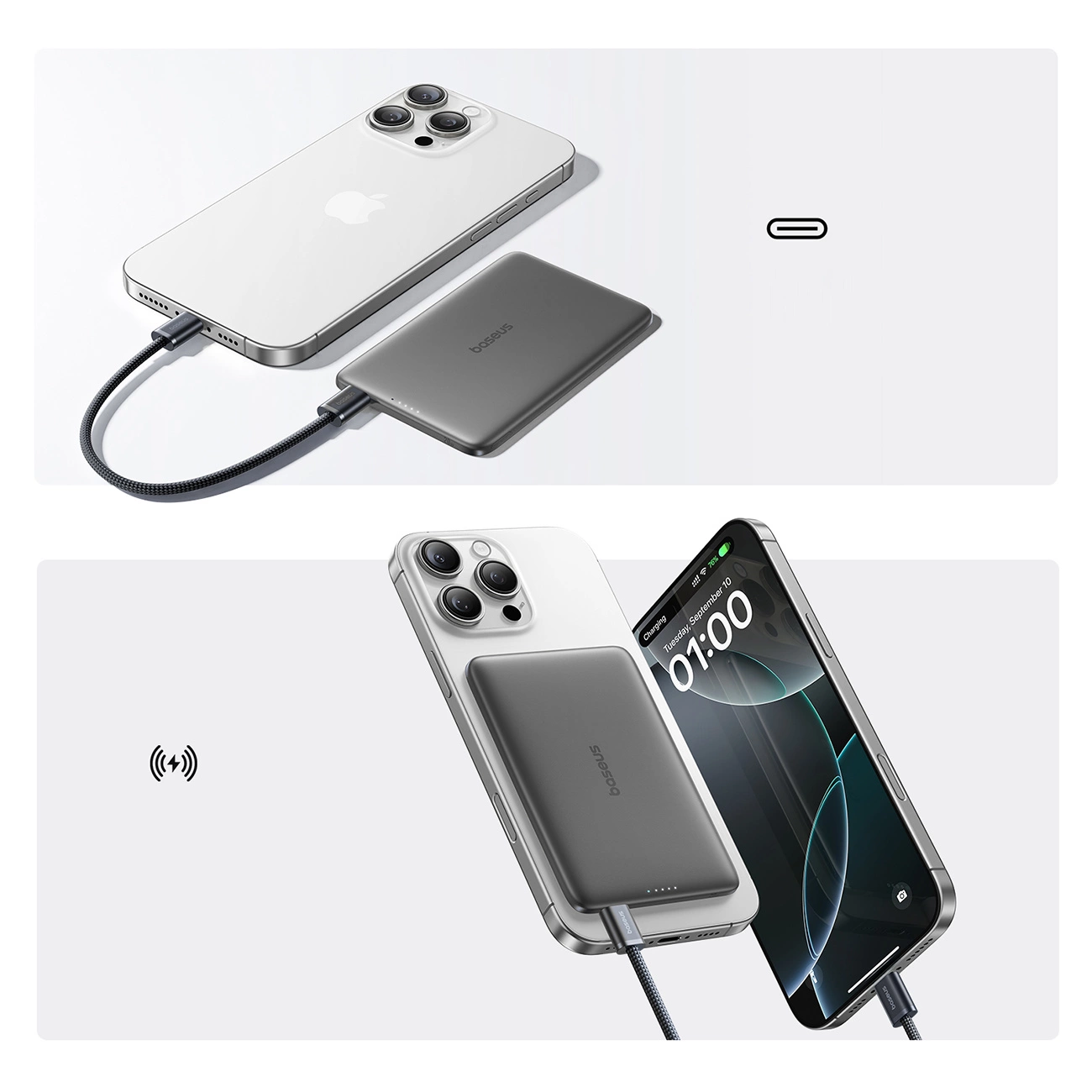 Batería Externa Inalámbrica Baseus PicoGo AM41, 5000mAh, 20W, PD + FQI, 1 x QI - 1 x USB-C, Negra