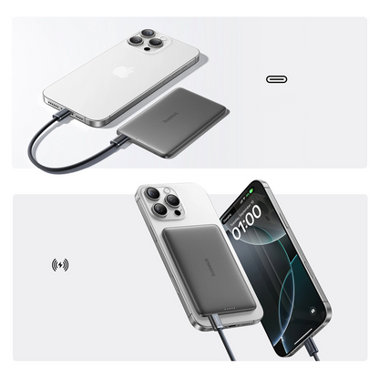 Batería Externa Inalámbrica Baseus PicoGo AM41, 5000mAh, 20W, PD + FQI, 1 x QI - 1 x USB-C, Negra