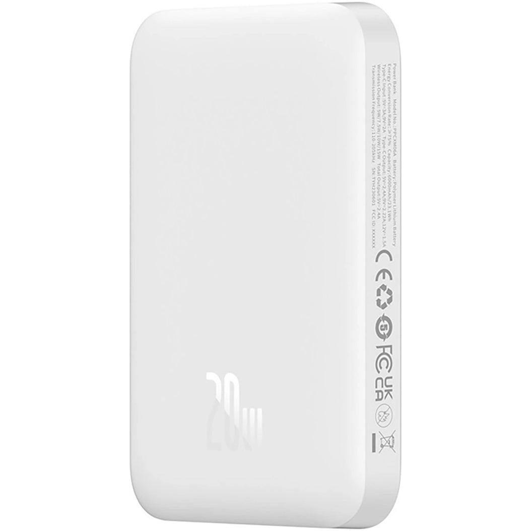 Mini batería externa inalámbrica Baseus Magnetic, 6000mAh, 20W, PD + FQI, 1 x QI - 1 x USB-C, Blanco 