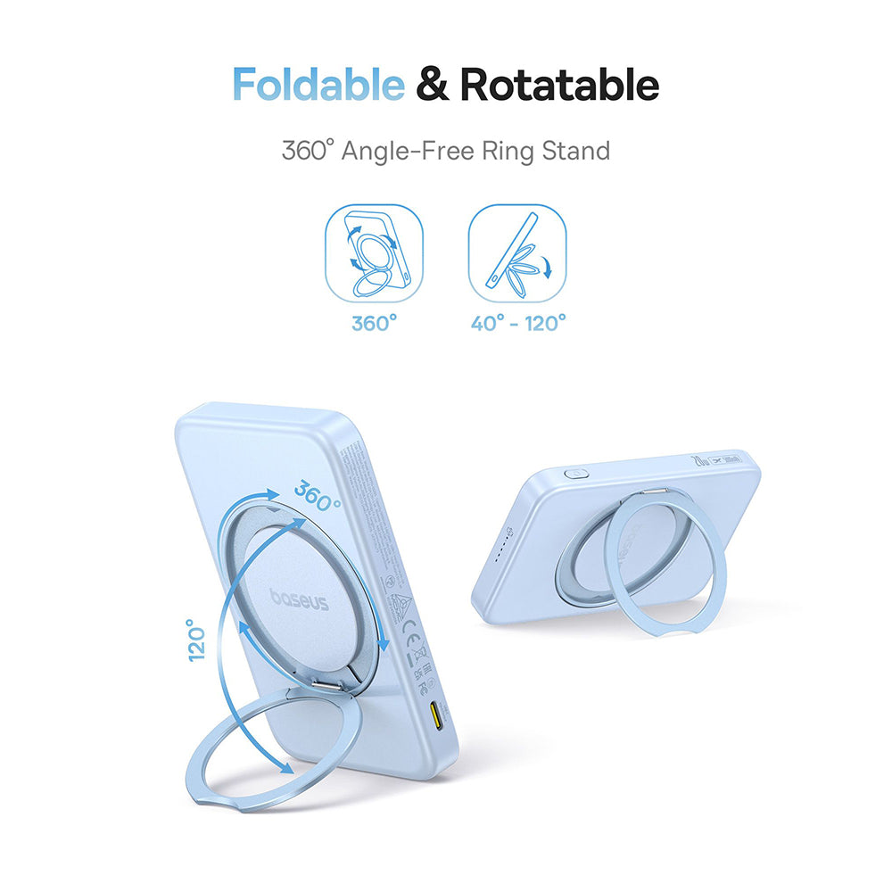 Batería Externa Inalámbrica Baseus PicoGo, 5000mAh, 20W, PD + FQI, 1 x QI - 1 x USB-C, Azul P10076800313-00