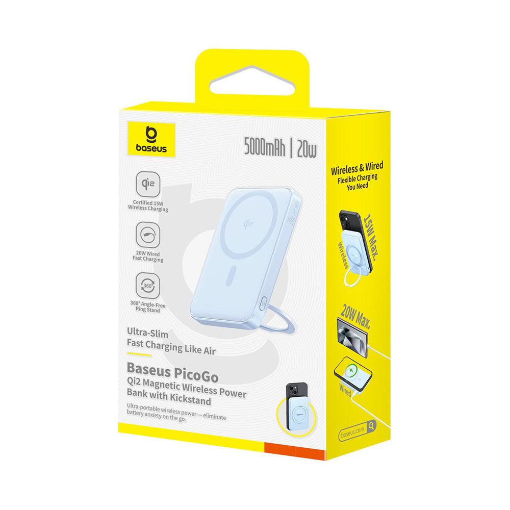 Batería Externa Inalámbrica Baseus PicoGo, 5000mAh, 20W, PD + FQI, 1 x QI - 1 x USB-C, Azul P10076800313-00