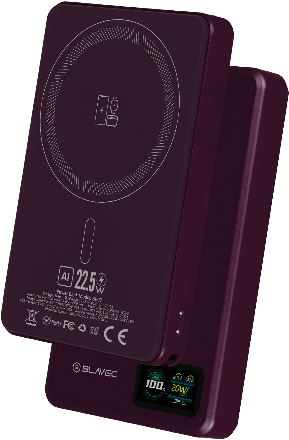 Batería externa inalámbrica Blavec BJ-03 Slim, 10000 mAh, 22,5 W, PD + FQI, 1 x QI - 1 x USB-C, Morado