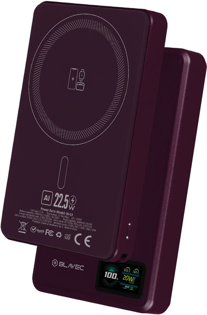 Batería externa inalámbrica Blavec BJ-03 Slim, 10000 mAh, 22,5 W, PD + FQI, 1 x QI - 1 x USB-C, Morado