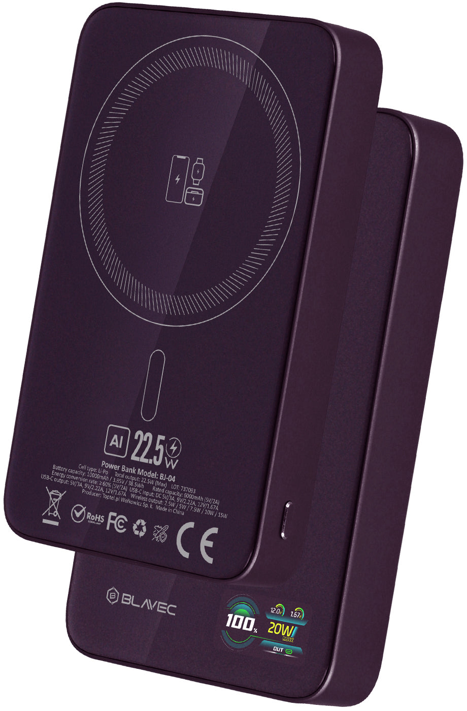 Batería externa inalámbrica Blavec BJ-04 Slim, 10000 mAh, 22,5 W, PD + FQI, 1 x QI - 1 x USB-C, morado