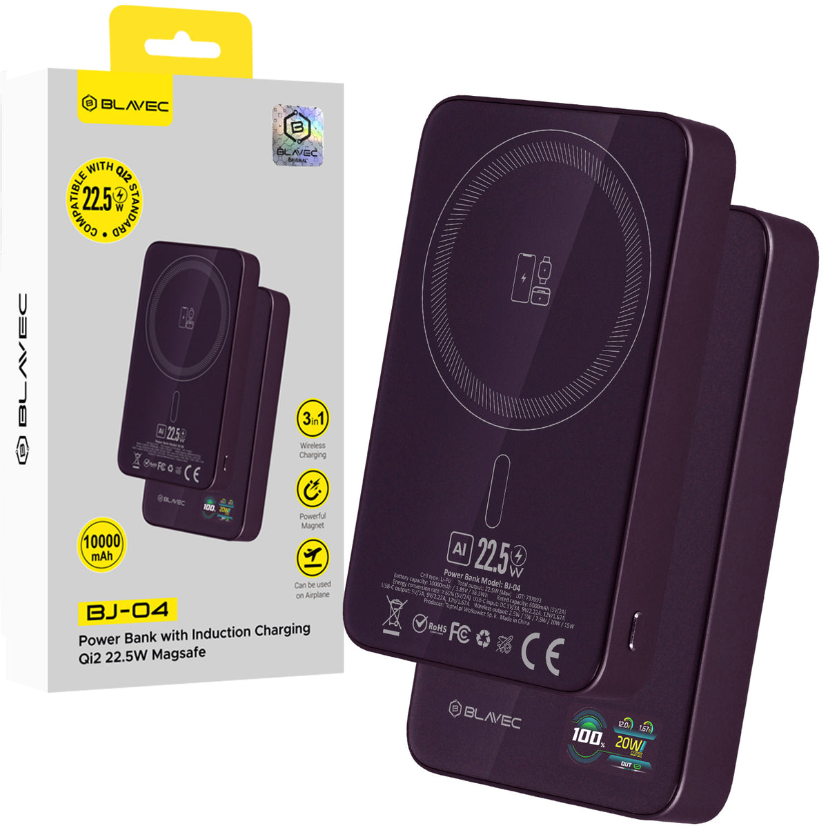 Batería externa inalámbrica Blavec BJ-04 Slim, 10000 mAh, 22,5 W, PD + FQI, 1 x QI - 1 x USB-C, morado