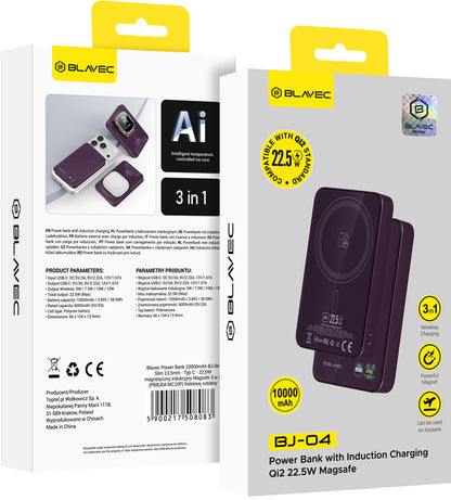 Batería externa inalámbrica Blavec BJ-04 Slim, 10000 mAh, 22,5 W, PD + FQI, 1 x QI - 1 x USB-C, morado