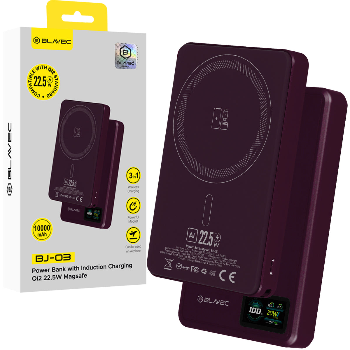 Batería externa inalámbrica Blavec BJ-03 Slim, 10000 mAh, 22,5 W, PD + FQI, 1 x QI - 1 x USB-C, Morado