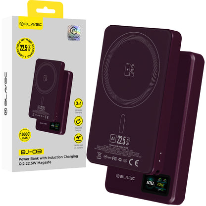 Batería externa inalámbrica Blavec BJ-03 Slim, 10000 mAh, 22,5 W, PD + FQI, 1 x QI - 1 x USB-C, Morado