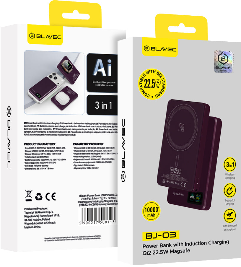 Batería externa inalámbrica Blavec BJ-03 Slim, 10000 mAh, 22,5 W, PD + FQI, 1 x QI - 1 x USB-C, Morado
