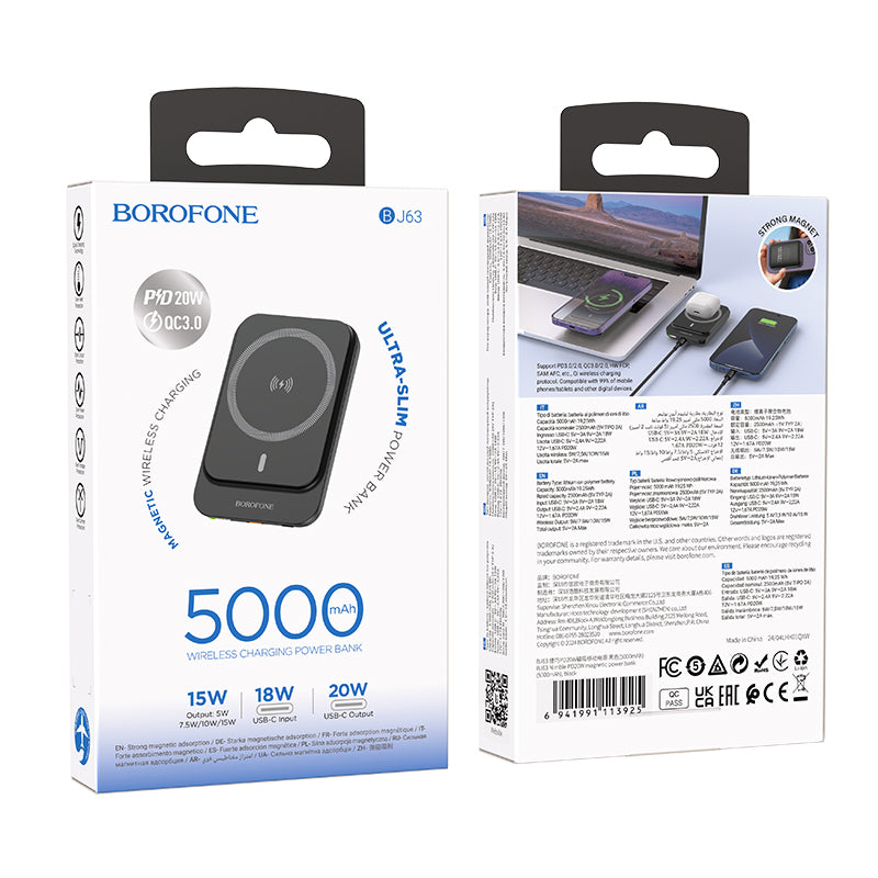 Batería Externa Inalámbrica Borofone BJ63 Nimble, 5000mAh, 20W, PD + FQI, 1 x QI - 1 x USB-C, Negra