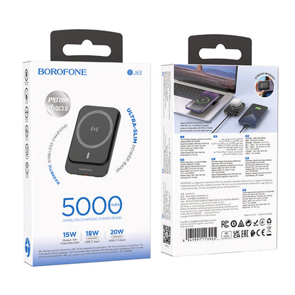 Batería Externa Inalámbrica Borofone BJ63 Nimble, 5000mAh, 20W, PD + FQI, 1 x QI - 1 x USB-C, Negra