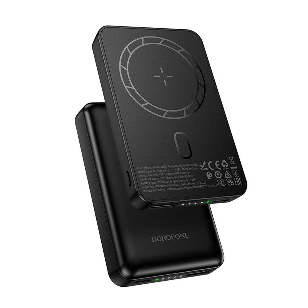 Batería Externa Inalámbrica Borofone BJ82 Dawn, 5000mAh, 10W, 1 x QI - 1 x USB-A, Negra