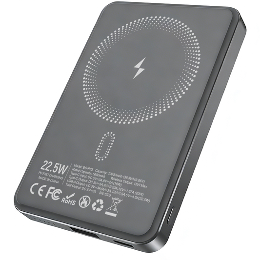 Batería Externa Inalámbrica BWOO BO-P82, 10000mAh, 22.5W, PD + FQI, 1 x QI - 1 x USB-C, Gris