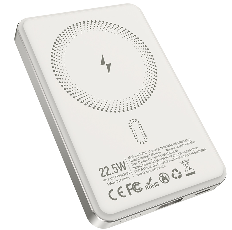 Wireless External Battery BWOO BO-P82, 10000mAh, 22.5W, PD + FQI, 1 x QI - 1 x USB-C, White