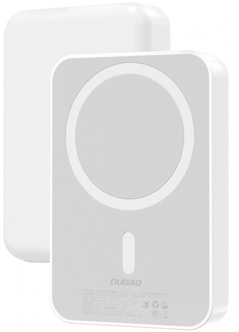 Batería Externa Inalámbrica Dudao K26, 10000mAh, 20W, PD + FQI, 1 x QI - 1 x USB-C, Blanca