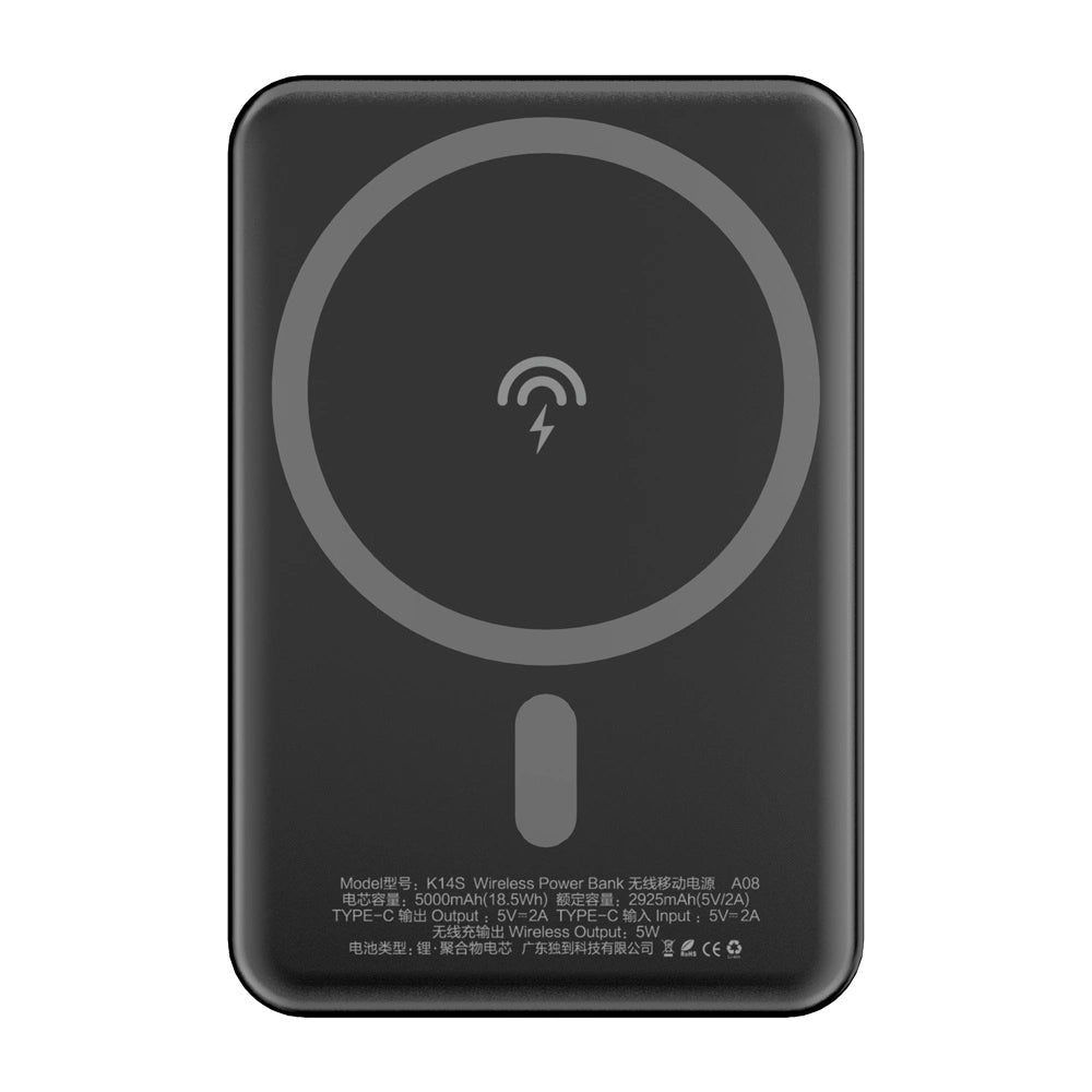 Batería externa inalámbrica Dudao K14S, 5000mAh, 10W, PD + QI, 1 x QI - 1 x USB-C, Negro