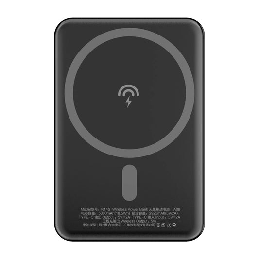 Batería Externa Inalámbrica Dudao K14S, 5000mAh, 10W, PD + QI, 1 x QI - 1 x USB-C, Negra