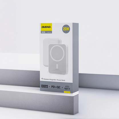 Batería Externa Inalámbrica Dudao K26, 10000mAh, 20W, PD + FQI, 1 x QI - 1 x USB-C, Blanca
